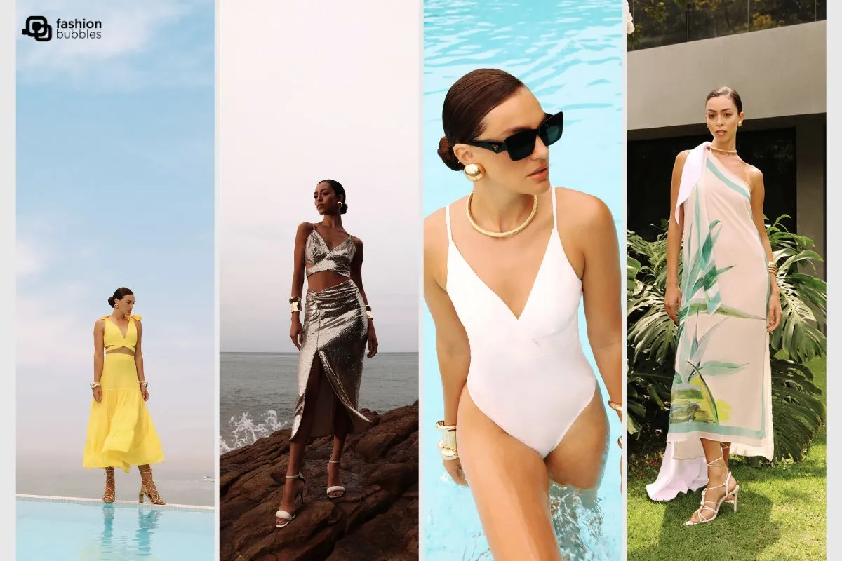 Uma montagem com quatro imagens de divulgação da coleção "Dias dourados" de looks da esquerda para a direita a modelo posa com um vestido amarelo, outra modelo com um conjunto em tons de cinza e preto, uma modelo de maio branco e óculos escuros e a ultima usa um vestido branco com estampas de folhagens