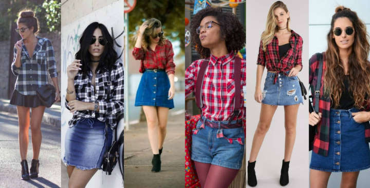 Montagem com vários looks juninos trabalhados com camisa xadrez