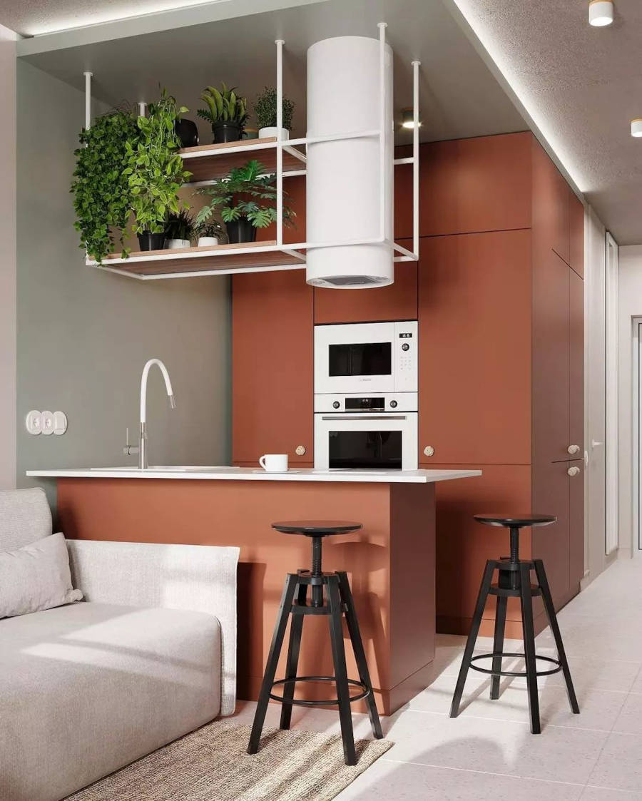 Cozinha com cor terrosa.