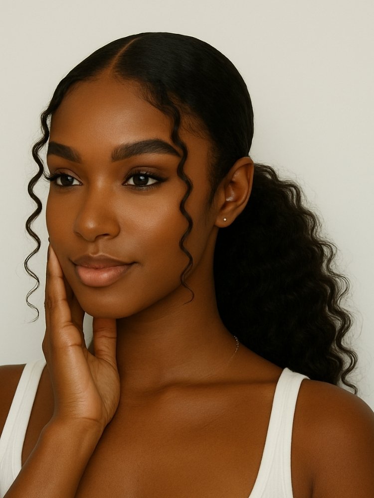 Mulher negra usando rabo de cavalo baixo em seu cabelo crespo