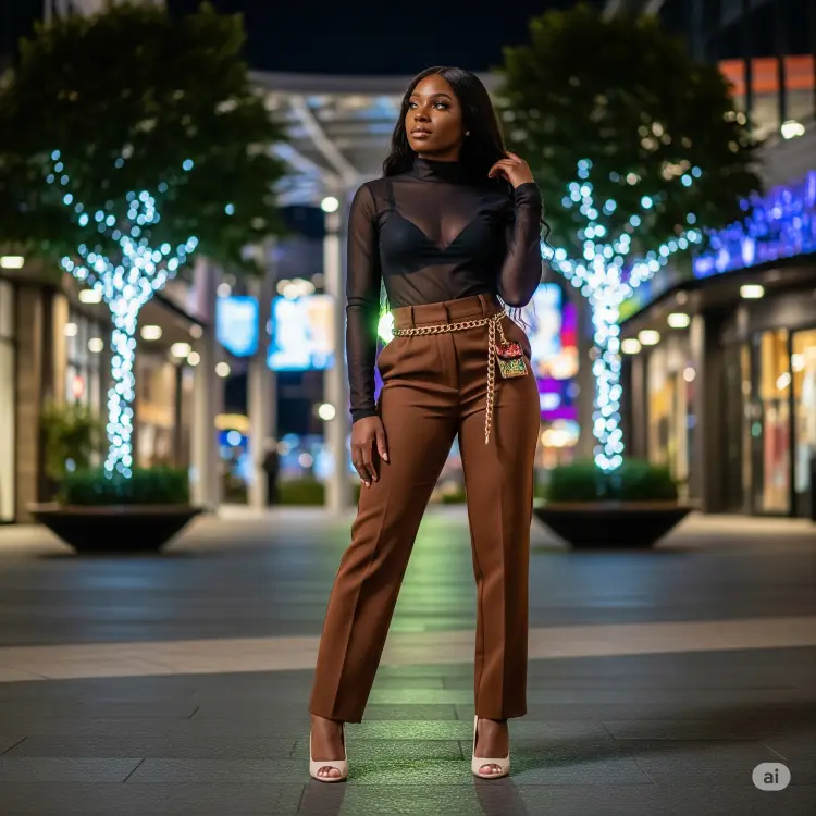 Uma mulher confiante posa à noite em um espaço urbano iluminado. Ela veste uma blusa preta transparente, calça marrom de cintura alta com corrente dourada e sapatos peep toe bege. As árvores iluminadas e as vitrines de lojas criam um cenário vibrante.







