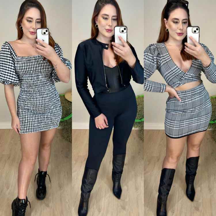 3 fotos de mulher com looks de festa junina, um vestido xadrez, um macacão preto e um conjunto xadrez