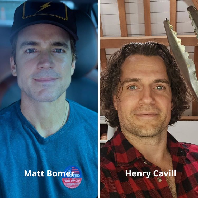 Imagem dividida verticalmente. À esquerda, Matt Bomer com boné preto, roupa casual azul, fundo desfocado. À direita, Henry Cavill com cabelo ondulado, camisa xadrez vermelho e preto, fundo interno com madeira e decoração metálica. Nomes estão identificados.
