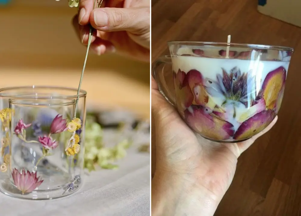 Velas com flores prensadas