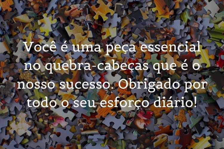 Foto de quebra-cabeça colorido com frase "Você é uma peça essencial no quebra-cabeça que é o nosso sucesso. Obrigada por todo o seu esforço diário!"