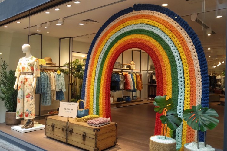 Vitrine de loja com um arco-íris grande feito de crochê, cercado por plantas decorativas. Um manequim à esquerda veste um vestido floral. Ao lado, um baú de madeira expõe acessórios. Interior da loja iluminado ao fundo com roupas coloridas.
