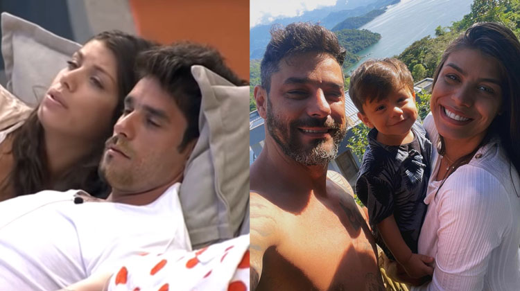 Montagem com duas fotos: Diego Grossi e Franciele no BBB e atualmente com 1 filho