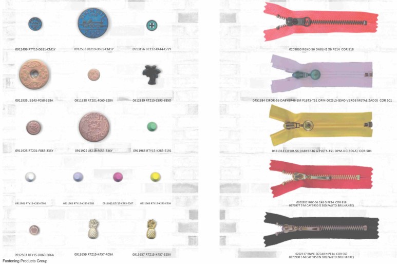 Imagem do catálogo da YKK com diferentes modelos de zíper coloridos