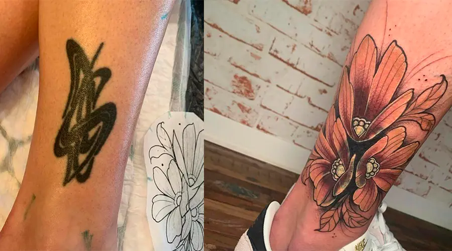 Tatuagem de um símbolo preto no tornozelo, coberta pela tatuagem de flores coloridas.