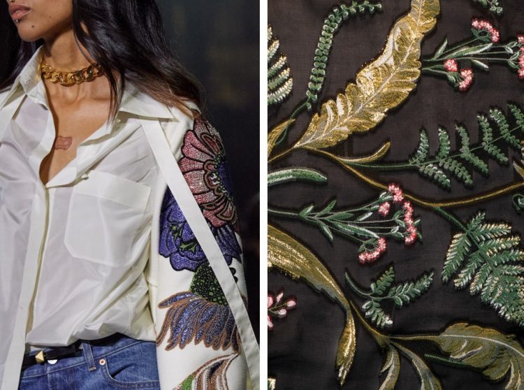 Modelo desfile peça marca Valentino com manga bordada, foto da direita tecido bordado com folhagens e flores em fios brilhantes