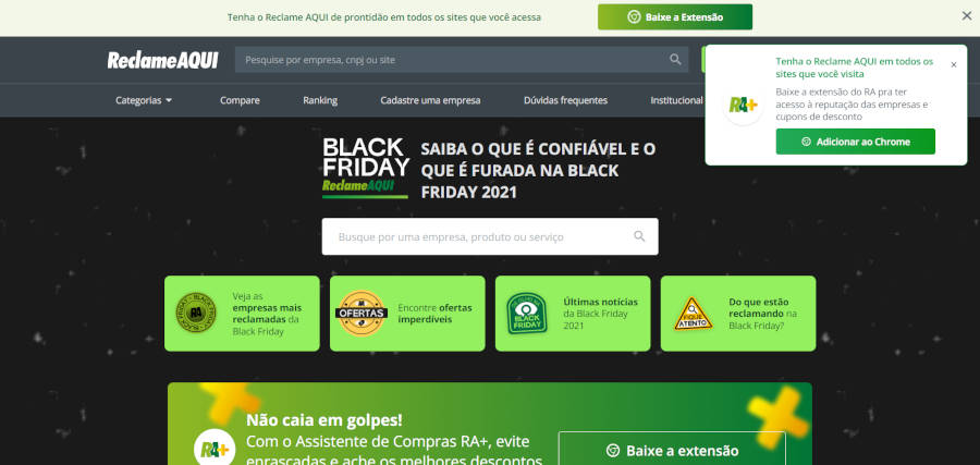 Foto do site do Reclame Aqui, em preto e verde, com informações sobre a black friday 