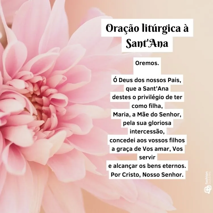 A imagem apresenta uma oração litúrgica dedicada ao Dia de Sant’Ana sobre um fundo floral em tons de rosa. A flor, com pétalas suaves e espiraladas, ocupa a maior parte da imagem, criando um visual harmonioso e sereno. O texto central é uma prece pedindo bênçãos e proteção.

