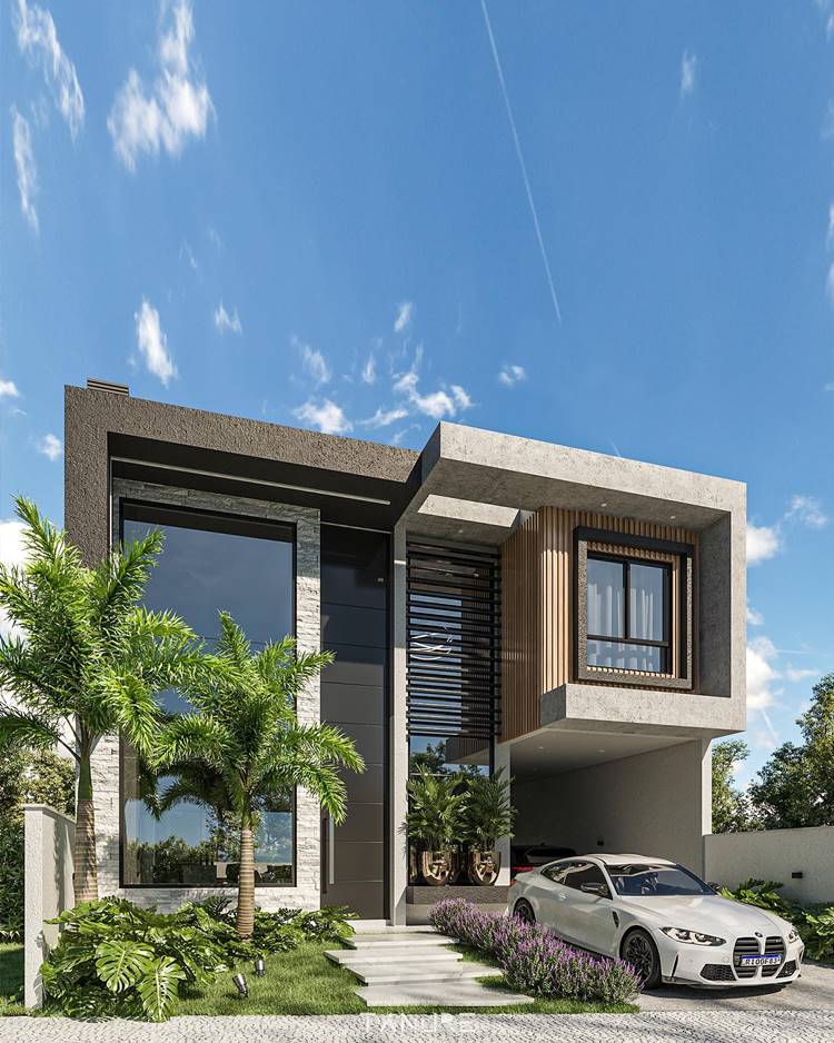 Fachada de casa moderna com um carro estacionado na entrada, cercada por vegetação sob um céu azul. A casa tem um design arquitetônico contemporâneo, com uma combinação de acabamentos externos cinza escuro e de madeira. Grandes janelas de vidro são proeminentes, oferecendo muita luz natural dentro da casa. O carro é branco e o quintal é adornado com grama bem cuidada e várias palmeiras, que adicionam ao apelo estético da propriedade. O céu acima é azul e parcialmente nublado, indicando condições climáticas claras.