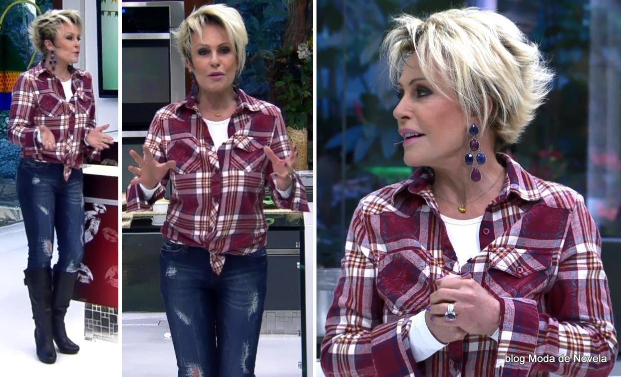Ana Maria Braga com camisa xadrez + calça  jenas + bota no Mais Você