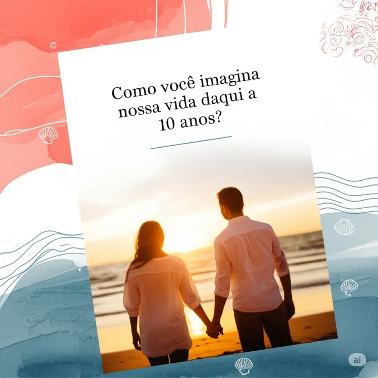 Um cartão com a pergunta "Como você imagina nossa vida daqui a 10 anos?". A imagem de fundo mostra um casal de mãos dadas caminhando na praia ao pôr do sol, com conchas e ondas desenhadas nas bordas do cartão.