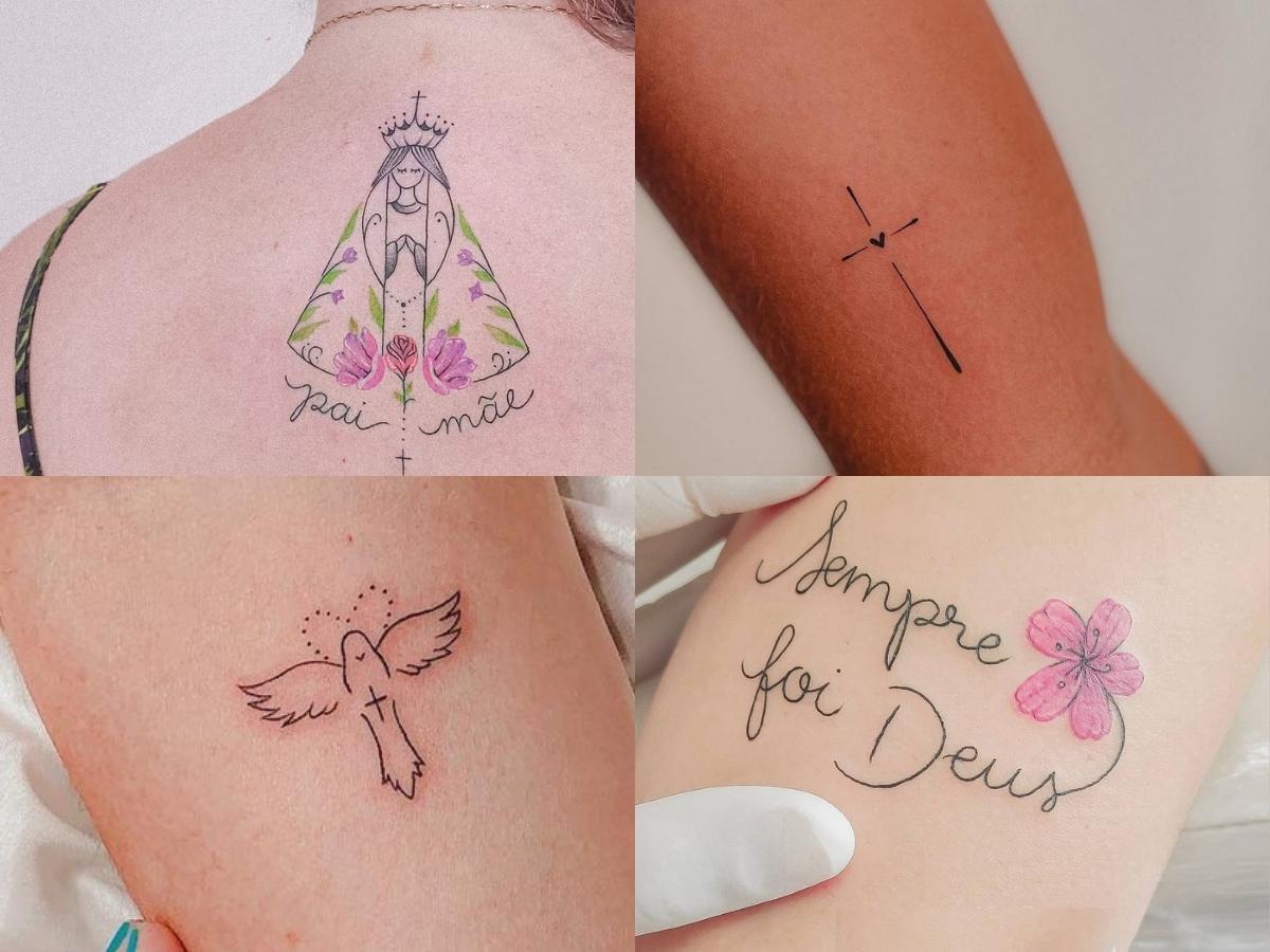 Foto de 4 tatuagens religiosas, uma de frase, outras de Nossa Senhora Aparecida, uma de cruz e outra do Divino Espírito Santo.