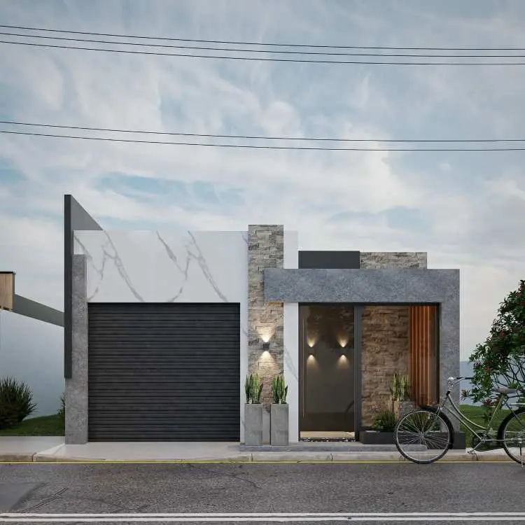 Fachada de casa contemporânea com design moderno. Portão preto texturizado à esquerda, parede de pedra contrastante com iluminação embutida e acabamento em concreto. Detalhes em madeira ripada, janelas de vidro e plantas decorativas. Bicicleta estacionada ao lado direito na calçada.