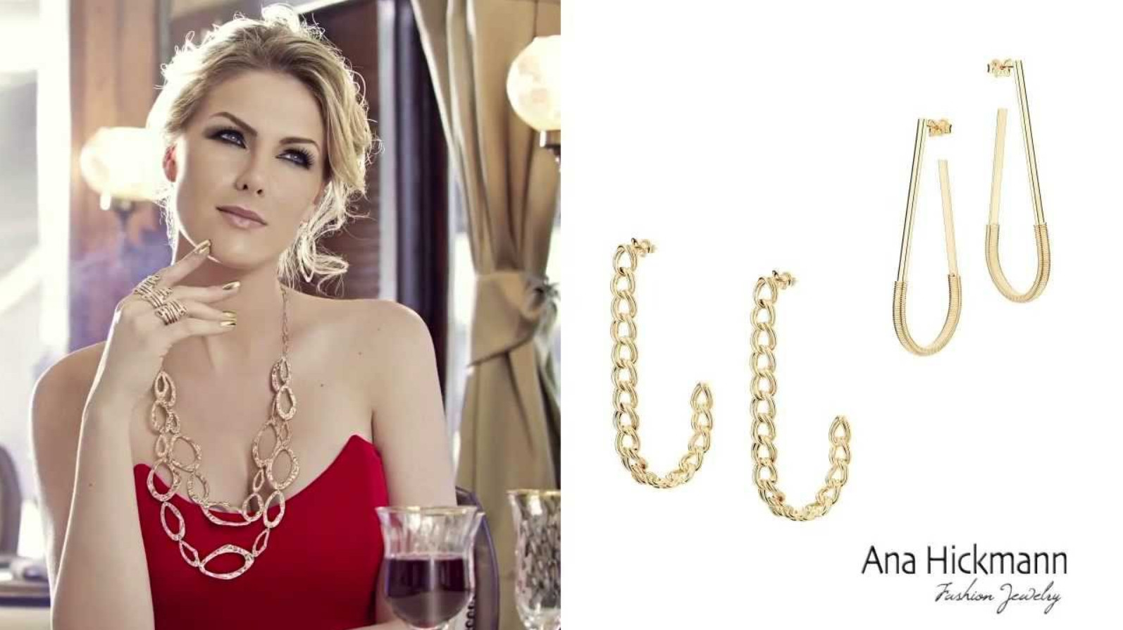 Montagem com duas fotos, uma de Ana Hickman com joias e outra de brincos