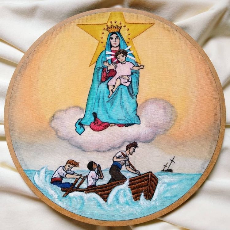 Bordado de Nossa Senhora dos Navegantes com navegantes