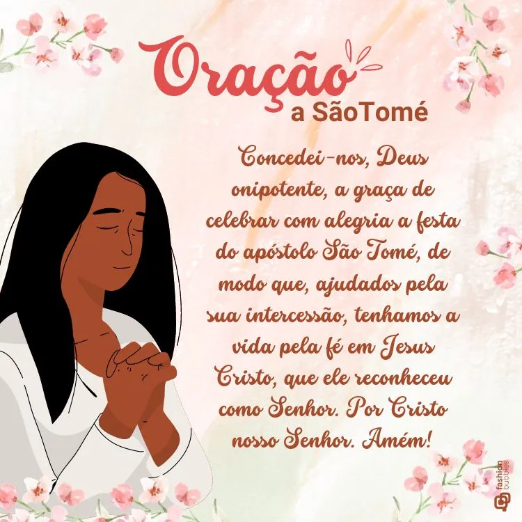 Post Oração a São Tomé, com fundo rosa e desenho de mulher orando