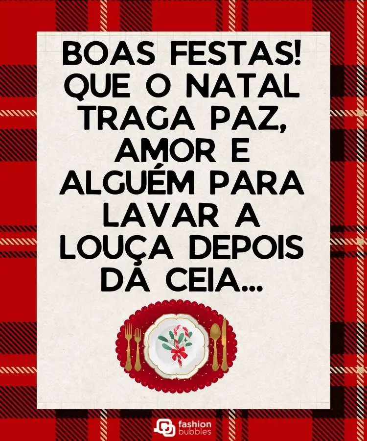 frase engraçada de boas festas com xadrez vermelho no fundo