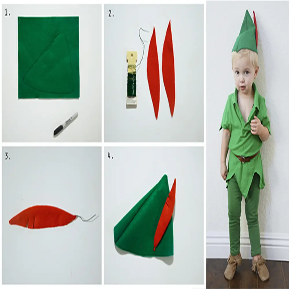 Passos para produzir um chapéu de Peter Pan, para crianças - Halloween em casa. Passos para confeccionar chapéu de fantasia, Peter Pan.