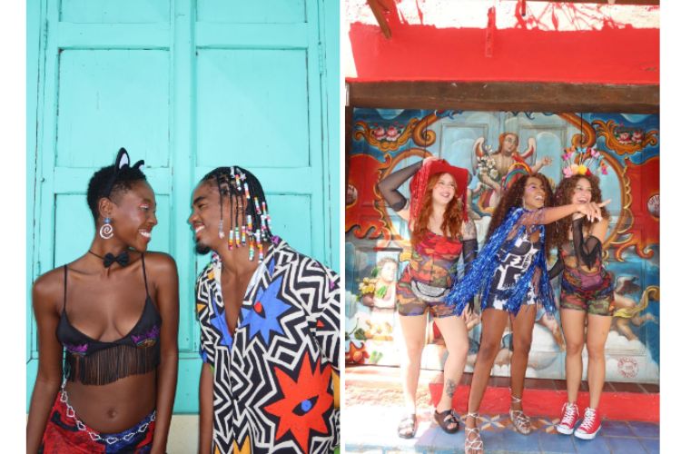 Montagem com duas fotos. A primeira mostra duas pessoas de pele negra, sendo uma com top preto de franjas e shorts colorido e outra de camisa colorida. A outra foto mostra 3 pessoas com roupas coloridas da Riachuelo