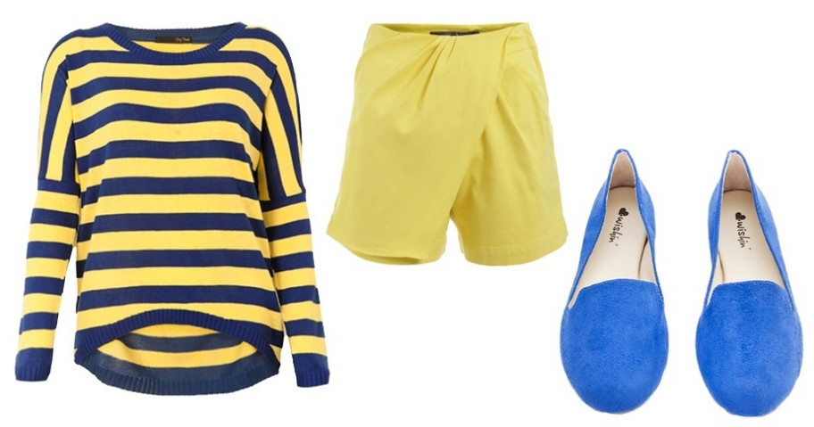 Blusa listrada azul e amarela, shorts amarelo e slipper azul. 
