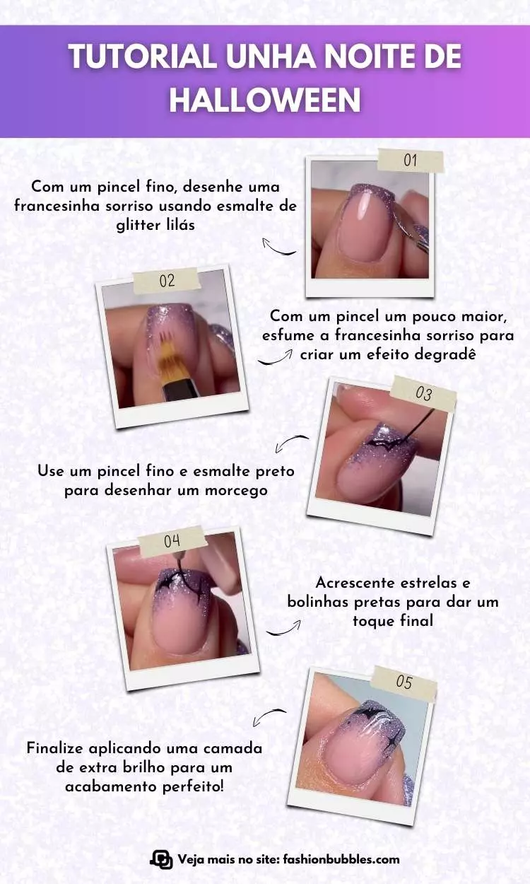 Montagem com 5 passos de como fazer unha noite de Halloween 