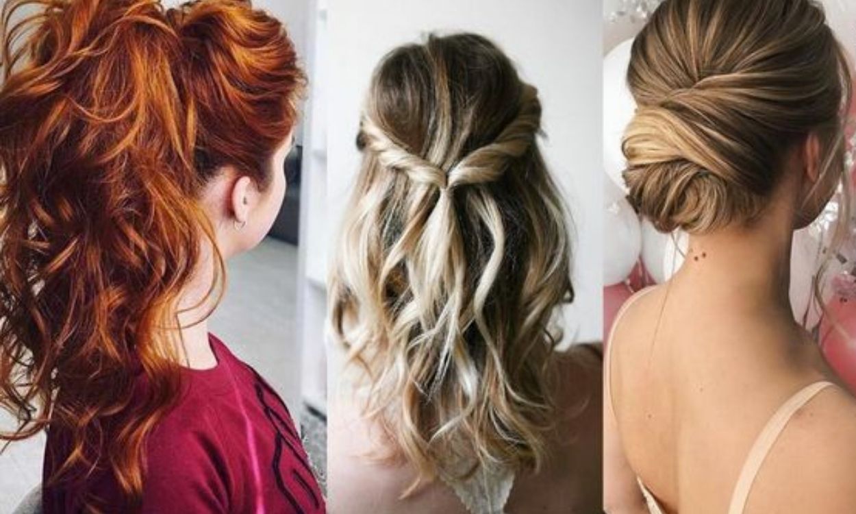 Montagem com 3 ideias de penteados de Natal: mulher ruiva com rabo de cavalo alto; mulher loira com coroa de cabelo torcido e mulher loira com coque embutido