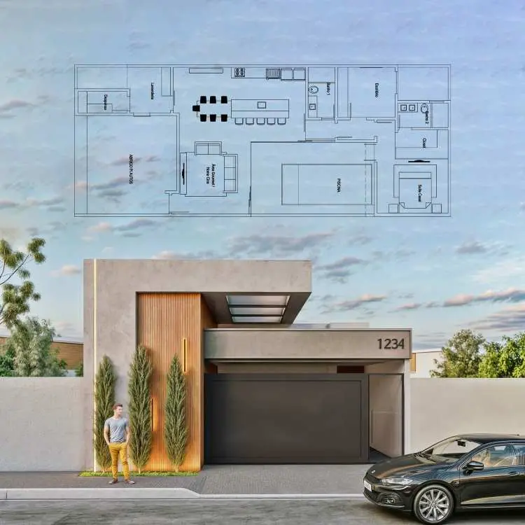 Fachada moderna com portão cinza escuro, parede em concreto texturizado e painel de madeira com paisagismo vertical. Número "1234" à direita. Planta arquitetônica sobreposta na parte superior, destacando o layout interno da residência. Carro estacionado na frente.