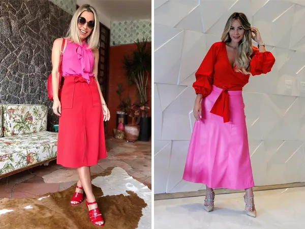 Montagem com duas fotos de mulheres de pele clara, uma usando regata rosa com laço e saia midi vermelha e outra usando blusa de manga bufante vermelha e saia midi rosa
