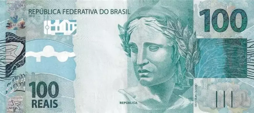 Nota de cem reais onde se vê a efígie com um barrete