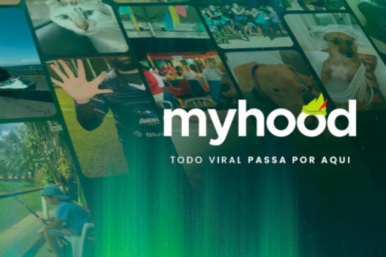 A imagem mostra um mosaico de vídeos curtos com a logo "myhood" em destaque no centro. O texto abaixo diz "TODO VIRAL PASSA POR AQUI". As miniaturas incluem um gato, pessoas, animais de estimação, esportes e atividades ao ar livre.







