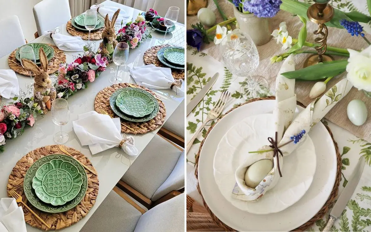 montagem com duas fotos de mesa posta para almoço de Páscoa