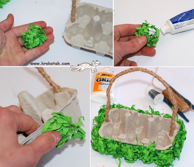 Passo a passo de cesta de Páscoa feita de caixa de ovos e papel verde