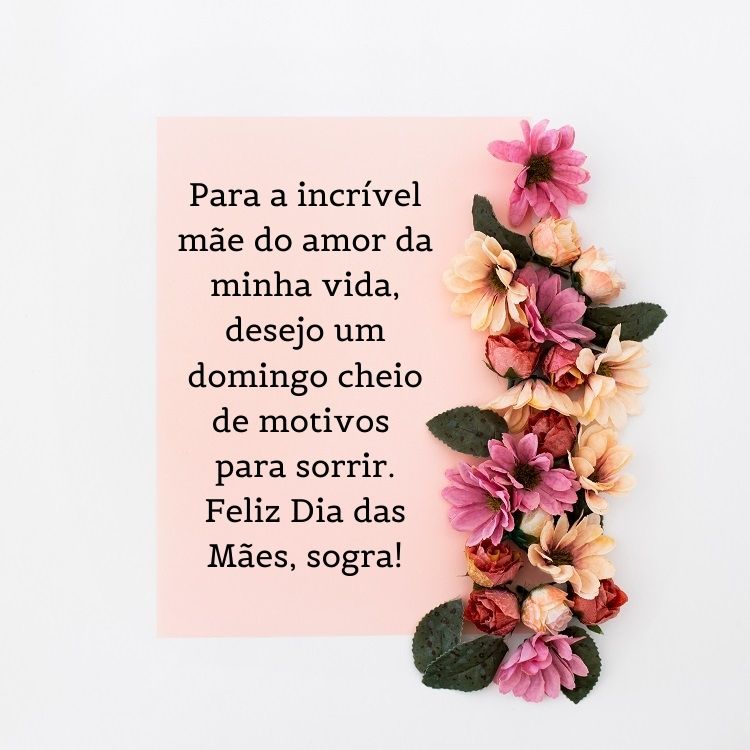 mensagem de dia das mães para sogra, com flores coloridas e frase "Para a incrível mãe do amor da minha vida, desejo um domingo cheio de motivos para sorrir. Feliz Dia das Mães, sogra!"