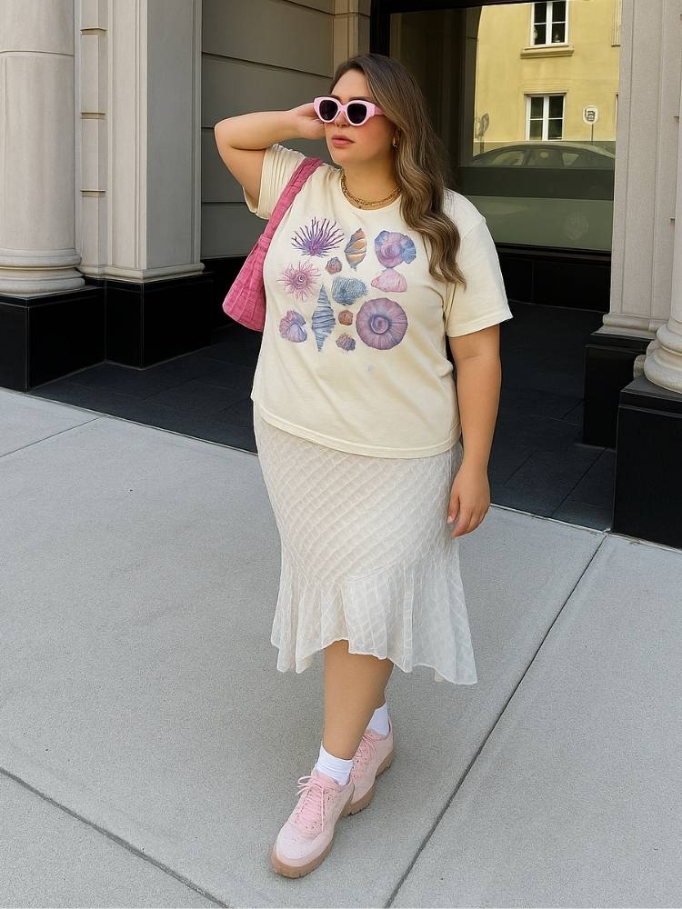 Foto de mulher ensinando como usar camiseta em look plus size com saia mídi de renda e tênis rosa