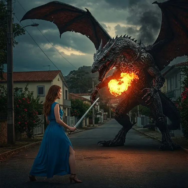 Uma mulher de vestido azul, segurando uma espada, está em uma rua com casas, enfrentando um grande dragão negro com asas abertas, que cospe fogo. O céu está nublado, e o cenário parece ser ao entardecer ou noite.