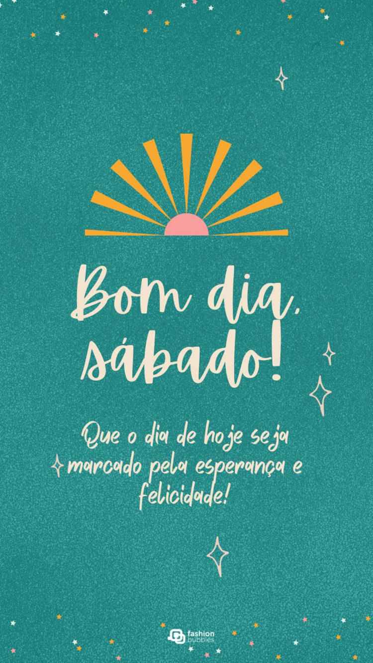 Cartão virtual de fundo azul com glitter e frase "Um bom dia de sábado! Que o dia de hoje seja marcado pela esperança e felicidade!"