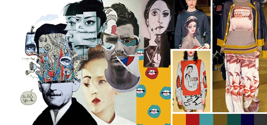 Ilustração com montagem usando diversos rostos - moda e identidade - Foto com pegada retrofuturista de homem com mala e mapa 