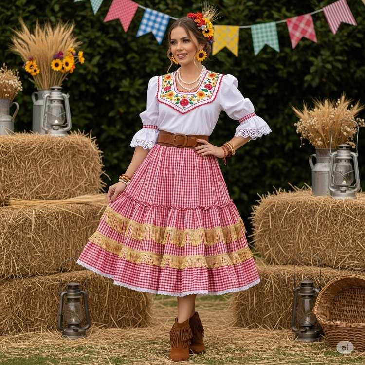 Uma jovem mulher sorridente, possivelmente brasileira, está vestida com trajes típicos de festa junina, incluindo uma blusa branca bordada com flores, uma saia xadrez vermelha e branca com detalhes em franja bege e um cinto marrom. Ela usa brincos de girassol, colares de pérolas e pulseiras. Ao fundo, há fardos de feno, lanternas rústicas, vasos com trigo e girassóis, além de bandeirolas coloridas, criando uma atmosfera festiva rural.

