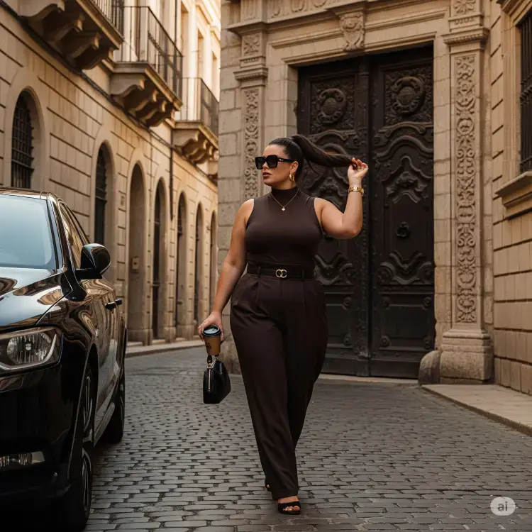 Uma mulher confiante caminha por uma rua de paralelepípedos na cidade, vestindo um conjunto marrom escuro e sapatos peep toe pretos. Ela usa óculos de sol, segura um copo de café e uma bolsa, com um carro e portas antigas ao fundo.








