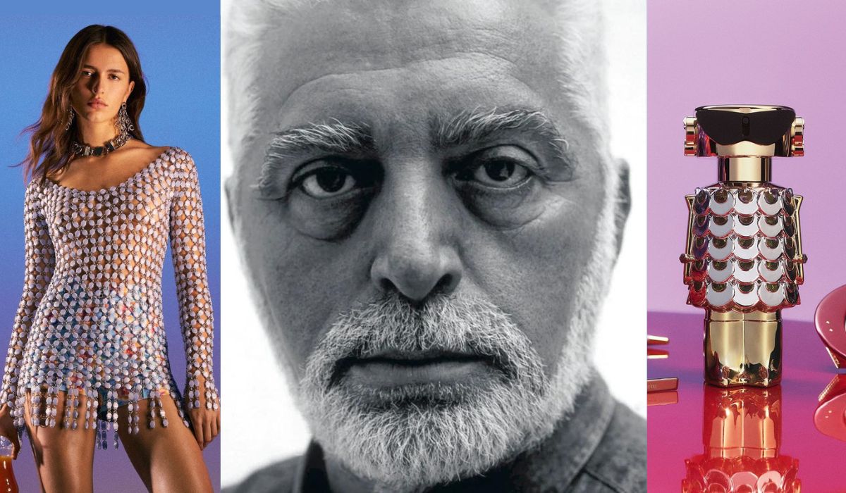 montagem com foto de vestido e perfume de Paco Rabanne
