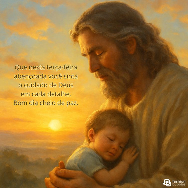 A imagem retrata uma figura masculina com barba e cabelos longos, simbolizando Jesus, segurando um bebê adormecido em seus braços. Um pôr do sol dourado ilumina o fundo, criando uma atmosfera serena e calorosa. A mensagem "Que nesta terça-feira abençoada você sinta o cuidado de Deus em cada detalhe. Bom dia cheio de paz." está sobreposta.







