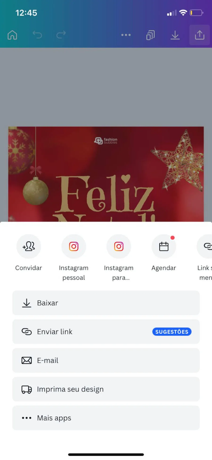 Opção de compartilhar cartão virtual