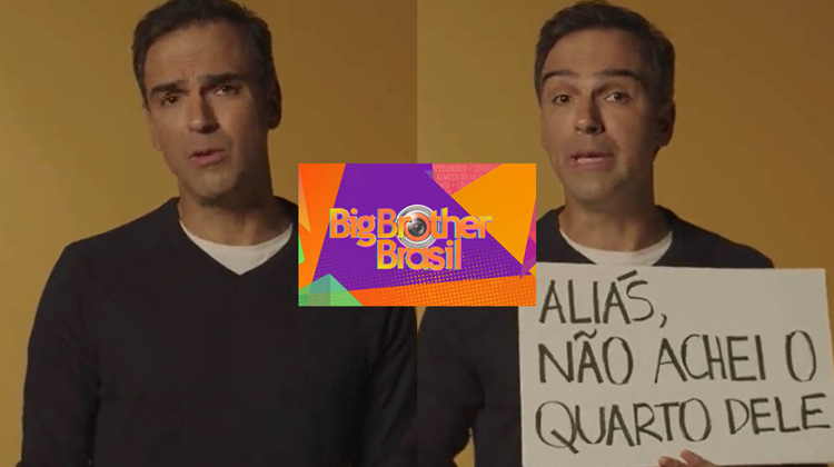 Montagem com duas fotos de Tadeu em fundo amareço e logo do BBB ao centro