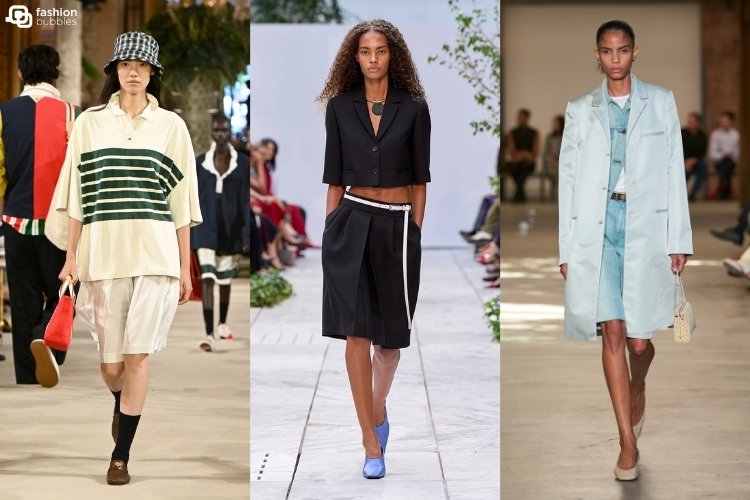 Modelos nos desfiles de Tommy Hilfiger, Michael Kors e Calvin Klein usando bermudas, uma das tendências da NYFW Primavera Verão 2027