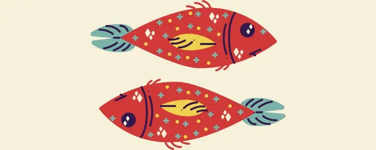 Fundo bege com símbolo do signo de Peixes com horóscopo de hoje