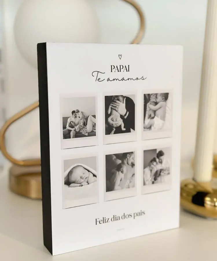 A primeira imagem apresenta um álbum de fotos em preto e branco, com a capa branca exibindo a mensagem "PAPAI Te amamos" e "Feliz dia dos pais". Seis fotos estilo polaroid de um bebê com seus pais estão dispostas na capa.

